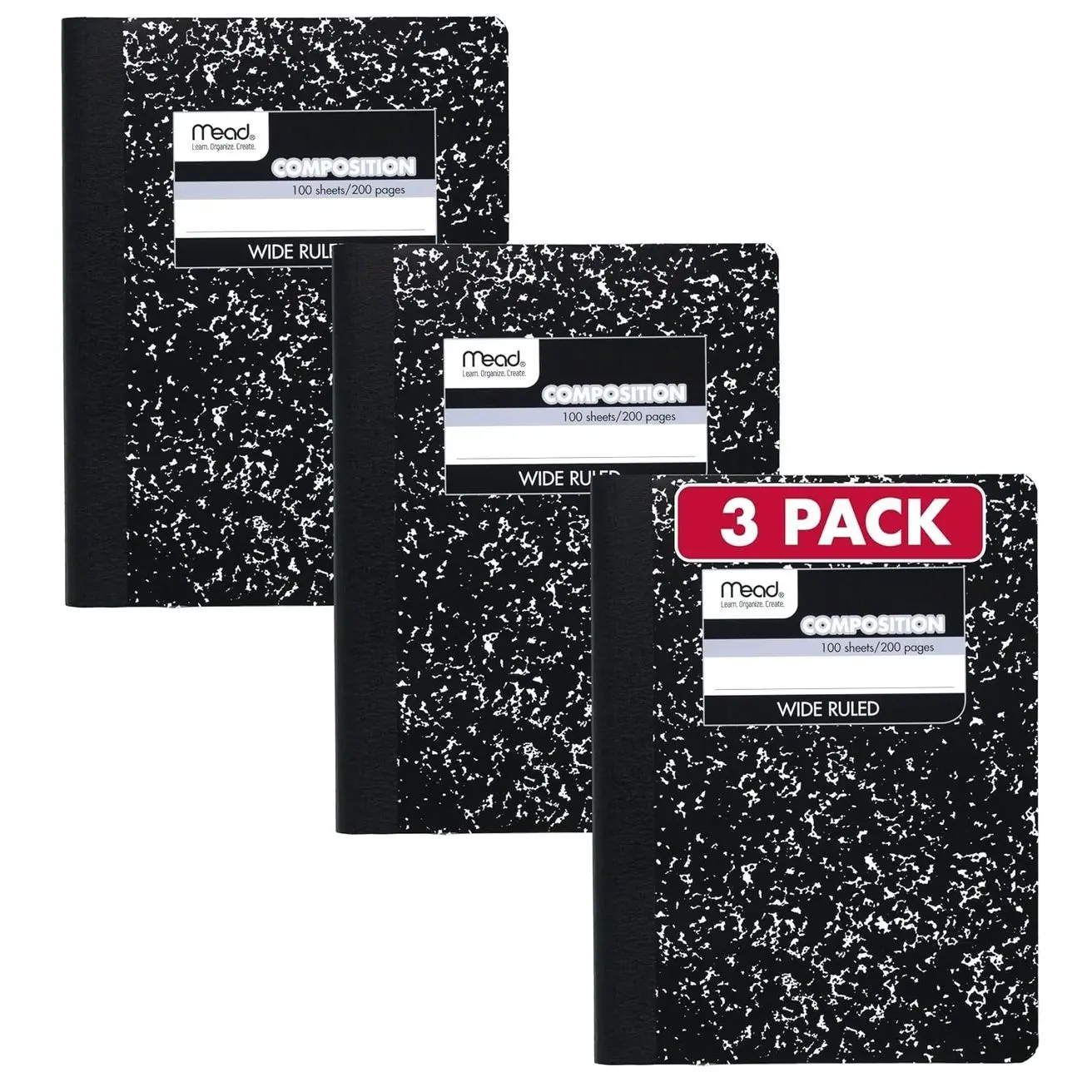 Mead Composition Notebook, Wide Ruled Paper, 7.5" x 9.75", 100 Sheets, Black Marble, 3 Pack