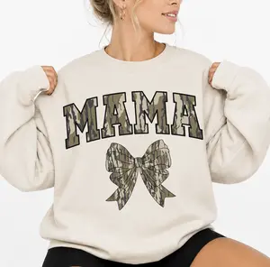 Oldschool MAMA Camo Coquette Bow Hoodie - Unisex Cotton Long Sleeve Round Neck Top with "MAMA" & Bow Design, Casual Spandex Fabric, Mother's Day Gift for Moms