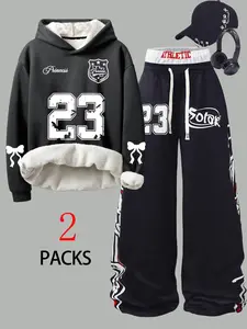 Women's Casual Hoodie Set, Loose-Fitting Sweatshirt & Wide-Leg Pants, Fall Winter Fashion, Warm Fleece, Street Style, Unisex