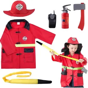 Kids Firefighter Costumes – Toddler Fireman Dress up with Walkie Talkie & Hose, Boy Fire Pretend Chief Outfit (3-7 Years) |   Halloween/Party/Birthday Gift for Girl