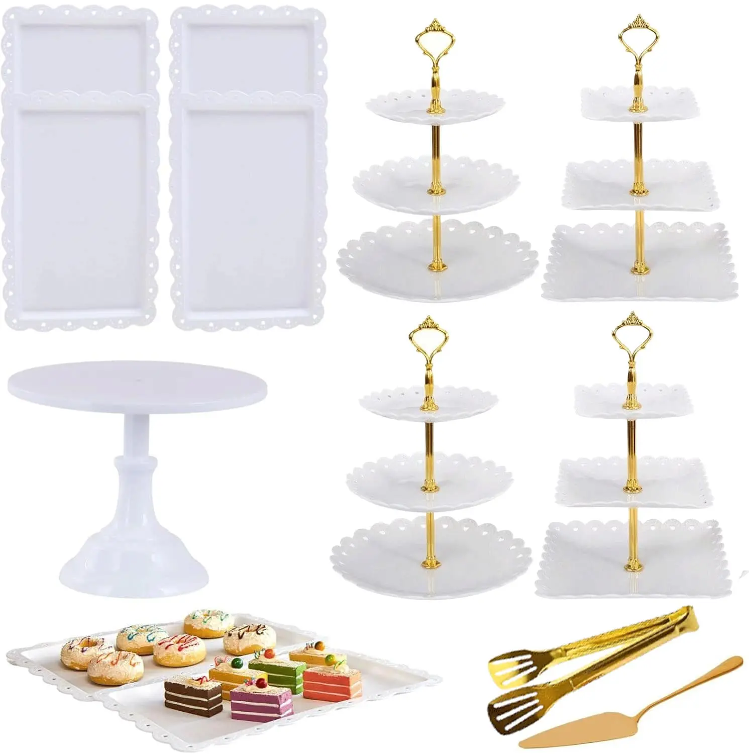 13-Piece Cake Display Set, 2 Square 3-Tier Cupcake Stands, 2 circles 3-Tier Cupcake Stands, Large Cake Stand, 6 Rectangular Trays, Golden Tongs & Server – Dessert Table Display for Weddings, Baby Showers & Parties