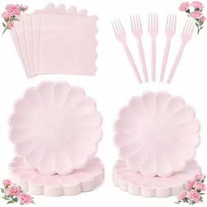 96 Pcs Pink Paper Plates and Napkins Party Supplies Serve 24 Guests Include Scalloped Dinner Plates 9.5", Dessert Plate 7.5", Napkins Plastic Forks for Baby Bridal Shower Wedding Mother's Day Birthday