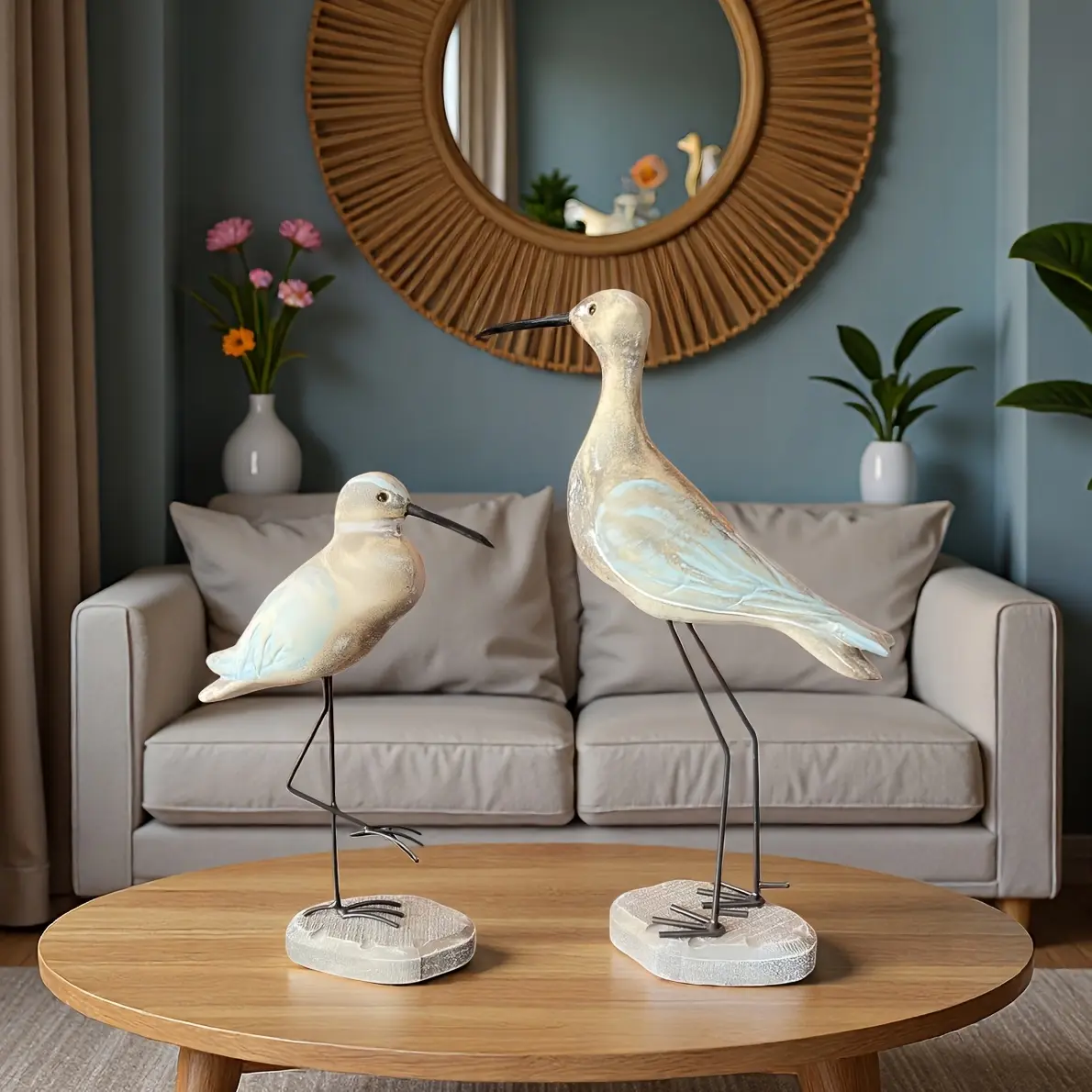 2 Pcs Handcrafted Wooden Seagull Figurines Set, Rustic Mediterranean Nautical Coastal Decor Bird Statue Ornaments, Realistic Beach Ocean Style Home Decor for Living Room Bedroom Balcony Garden Backyard Office Patio Coffee Shop Table Centerpieces