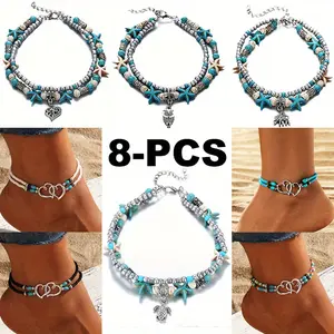 8PCS Bohemian Handmade Beads Double Layer Chic Anklet Set Retro Starfish Bead, Turtle Shell, Star, Elephant and Hollow Double Heart Design Pendant Chain Stackable Multi-Color Ankle Chain Vacation Travel Beach Bracelet Jewelry