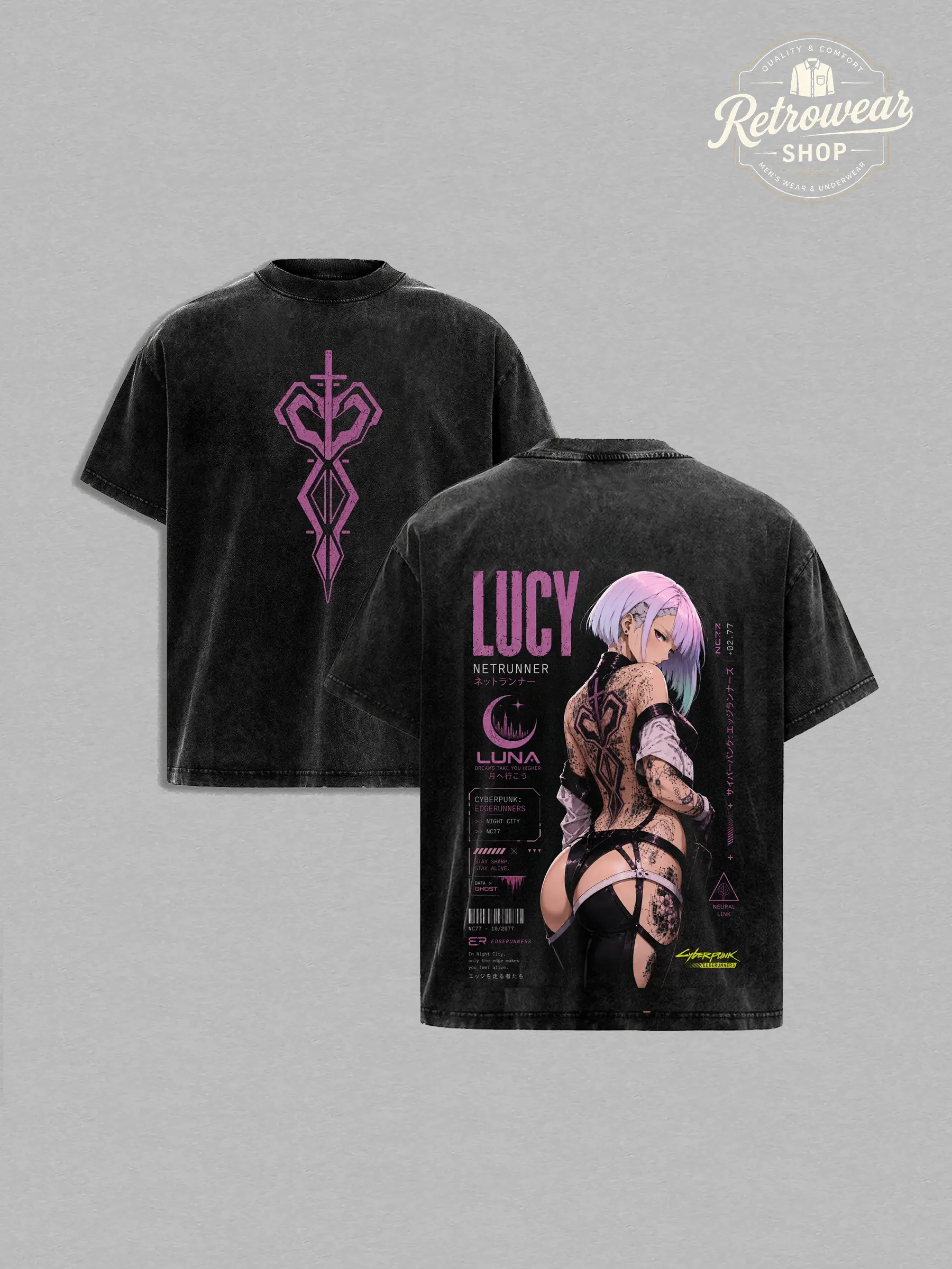 Men's Lucy Cyberpunk Edgerunners Oversized Washed Short-Sleeve T-Shirt, Menswear Tops