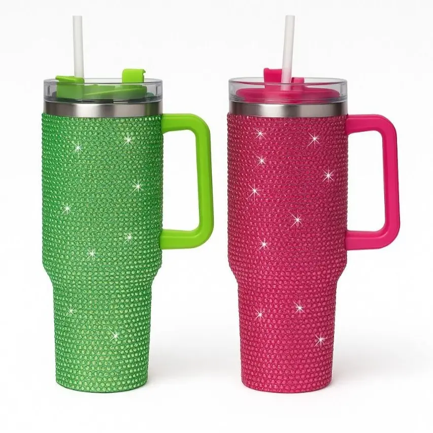THIRSTEE - Pack of 2 (Green & Pink) Rhinestone 40oz Insulated Stainless Steel Tumblers with Lid & Straw