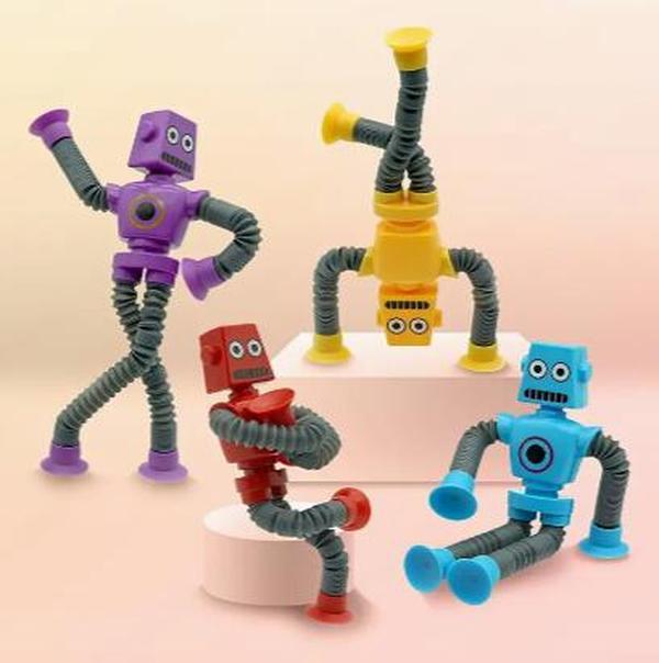 4pcs Stretchy Robot Toys with Telescopic Arms - Multi-Color (Yellow, Red, Blue, Purple,) - Sensory Birthday, Christmas, Easter Party Favors - Durable Plastic Construction for Toddlers, Kids Boys & Girls