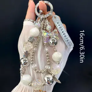 1pc Luxury Rhinestone Butterfly Beaded Wristlet Phone Charm Strap, Versatile Accessory For Mobile Case, Car Chain, And Bag Pendant, Number Plate Double Chain Decoration, Purse Charms, Bag Charms, Phone Wrist Strap, Keychain