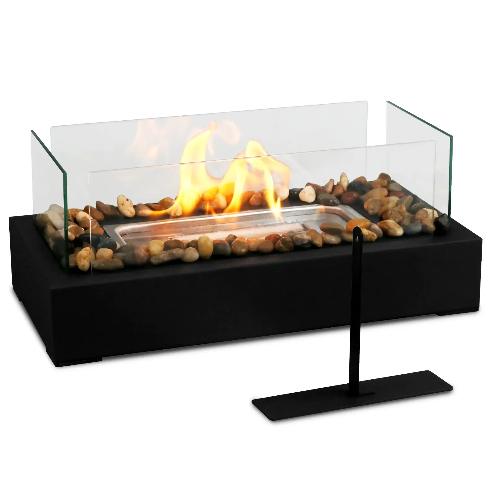 Desktop Ethanol Fireplace Black Long Rectangle Four Panel Glass - With ...