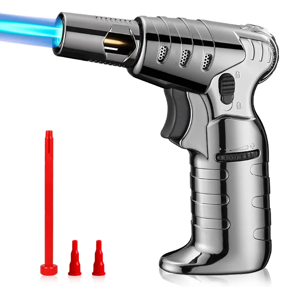 Yaesina Refillable Kitchen Butane Torch Lighter With Large Capacity Butane Tank, Jet Lighter Blow Torch With Big Upgraded Butane Tank Adapter Fits All Canister With Adjustable Flame For Desserts, CremeBrulee, Baking, And BBQ (Butane Gas Not Included)