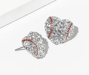 Baseball Crystal Pave Heart Shape Stud Earrings