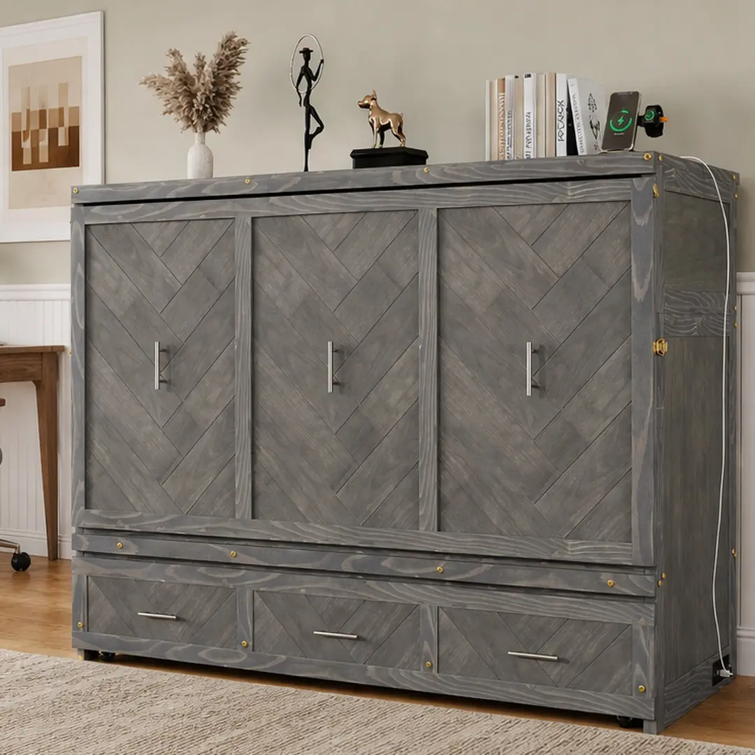 ARCH Queen Size Murphy Bed Wall Cabinet Bed with USB Charging Station, Pine Wood Folding Bed with Drawer, Space-Saving Cabinet Bed for Small Room, Antique Grey, Antique Grey Color Options, Pine Material, Product Weight: Not Applicable lb