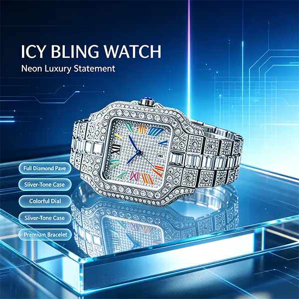 Men’s Iced-Out Square Analog Quartz Watch - Rhinestone Embellished, Iced-Out Crystal, Rainbow Numerals, Stainless Steel Solid Link Strap, Hip-Hop Luxury Date Stopwatch Timer, Splash Proof Sports & Outdoor Accessory