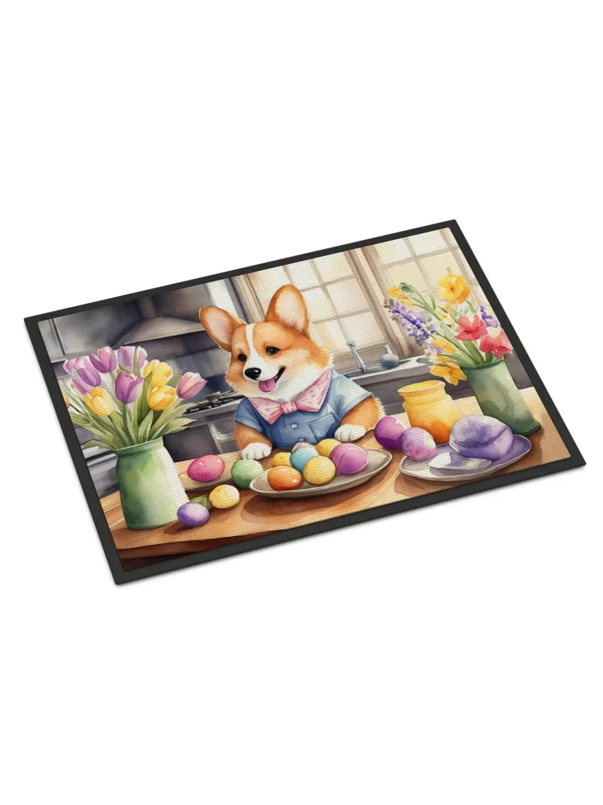 18x27 in. Decorative Rug Doormats, Easter Corgi Decorating Design, Durable Textile with Black Binding Tape