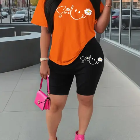 Two-Piece Set Women's Letter & Floral Print Fitted Tee & Skinny Shorts, Casual Round Neck Short Sleeve T-shirt & Shorts for Daily Wear, Ladies Two-piece for All Seasons, Summer Matching Set, Casual Outfit Set, Womenswear, Clothes, Fitted Clothing Set