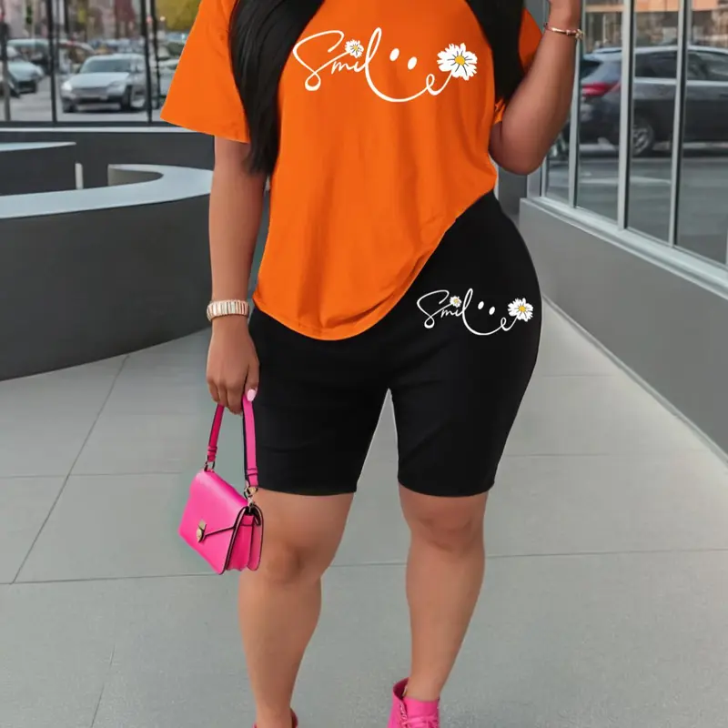 Two-Piece Set Women's Letter & Floral Print Fitted Tee & Skinny Shorts, Casual Round Neck Short Sleeve T-shirt & Shorts for Daily Wear, Ladies Two-piece for All Seasons, Summer Matching Set, Casual Outfit Set, Womenswear, Clothes, Fitted Clothing Set