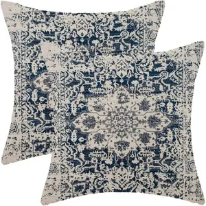 Pillow Covers 18x18 Inch Set of 2,Carpet Pattern Throw Pillows Case,Navy Blue Beige Ethnic Design Outdoor Decorative Square Linen Farmhouse Decor Cushion Covers for Home Sofa Bed Couch