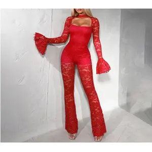 New Fall/Winter Collection: Women's Jumpsuit with Sexy Slit, Fashionable Bell Sleeves, and Lace Detail