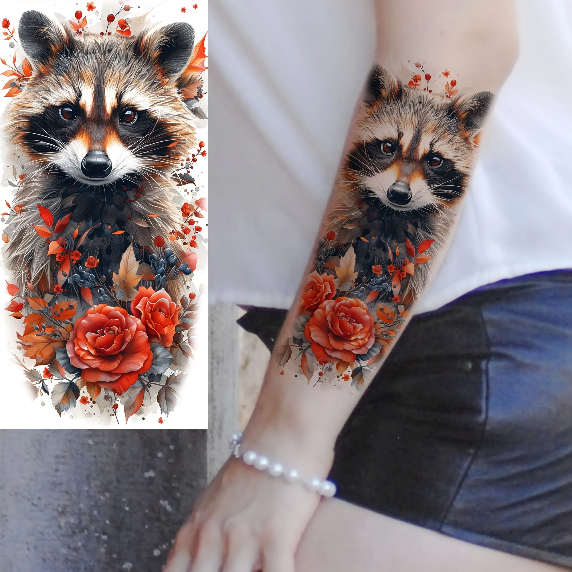 Assorted Temporary Tattoos (6 Stickers: 3 Themed & 3 Random Designs) - Raccoon, Rose, Peony Prints, Unisex, Ideal for Adult Arms, Thighs