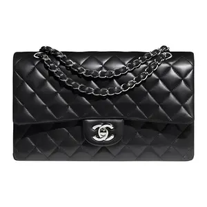 Pre-owned CHANEL Lambskin Shoulder Bags Black Quilted Classic Flap CF Silver Turnlock Interwoven Leather Chain Shoulder Crossbody Bag Medium Size For Women