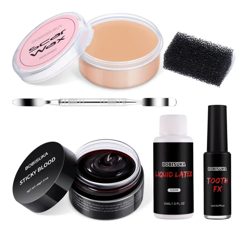 BOBISUKA 6 Piece Halloween SFX Special Effects Makeup Kit - Fake Blood Gel + Clear Liquid Latex + Black Tooth Paint + Modeling Scar Wax with Spatula Tool and Black Stipple Sponge All in One