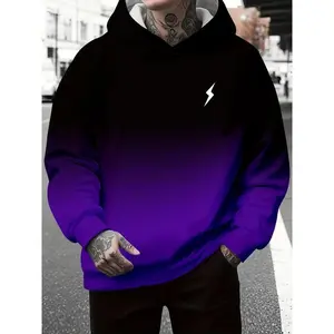 Men's Fashion Hoodie - Ombre Gradient, 3D Printed Lightning Design, Casual Pullover Sweatshirt - Polyester, Regular Fit, Long Sleeve - For Spring/Autumn Season - Unisex
