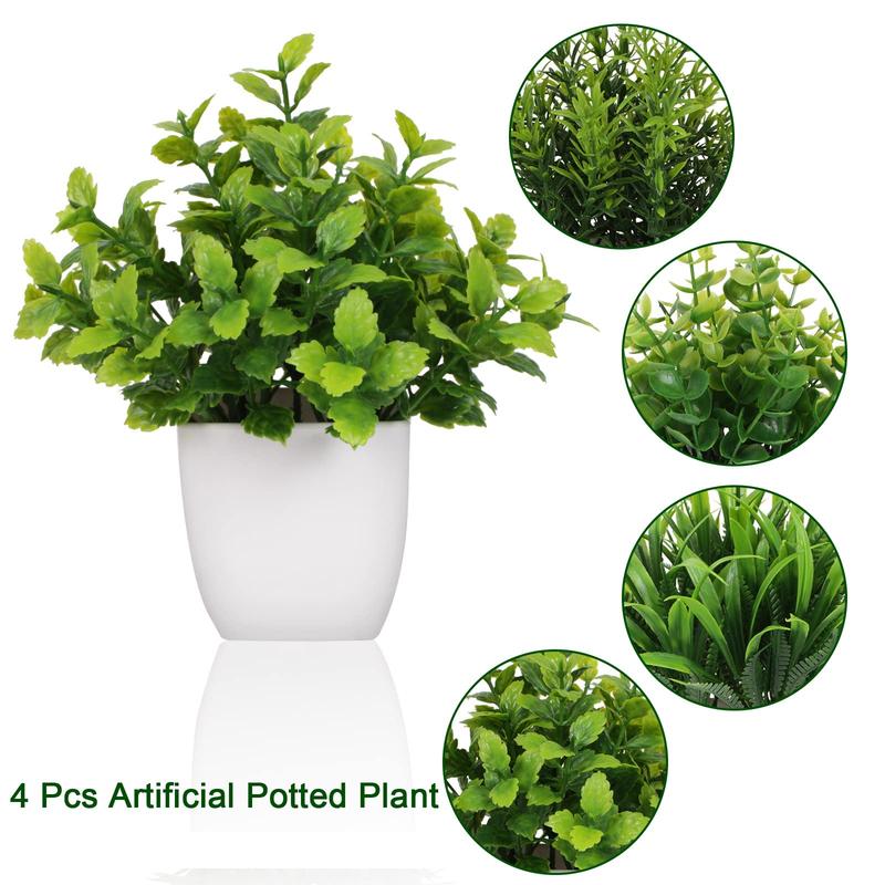 4 Pot Small Fake Plant Flowerpot Artificial Plastic Eucalyptus Plant Wheat Grass Shrub Plant Indoor Desk Coffee Table Bathroom Bedroom Home Decoration