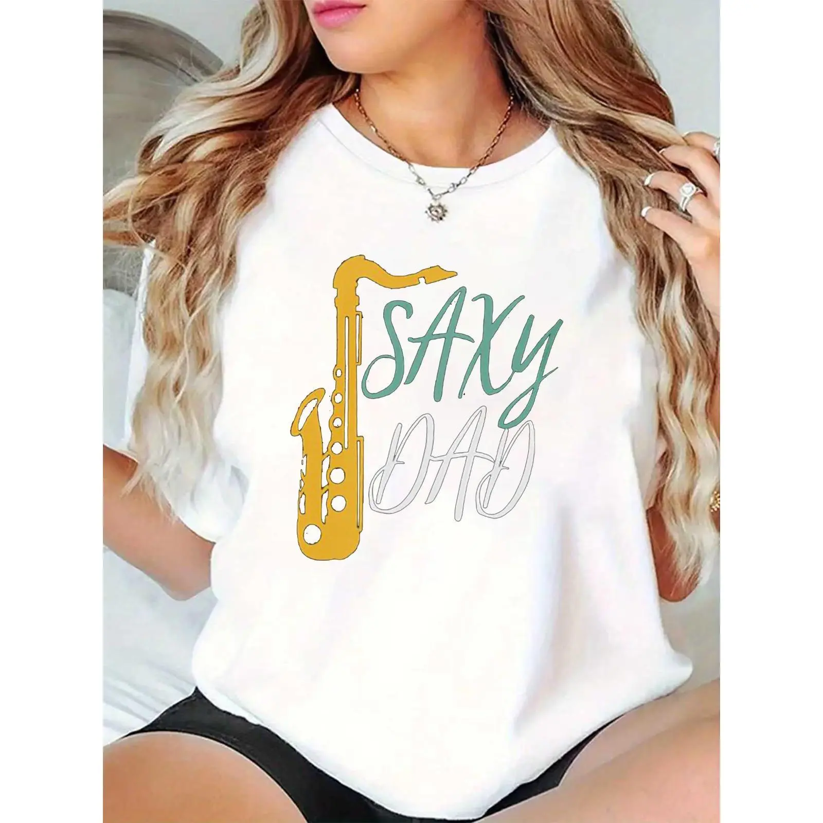 Women's 100% Cotton Shortsleeve Crew Neck Loose-Fitting Saxophone Graphic T-Shirt - Comfortable, Breathable, Lightweight, Machine Washable Top for Daily Wear, Father's Day Gifting, All Seasons, Casual