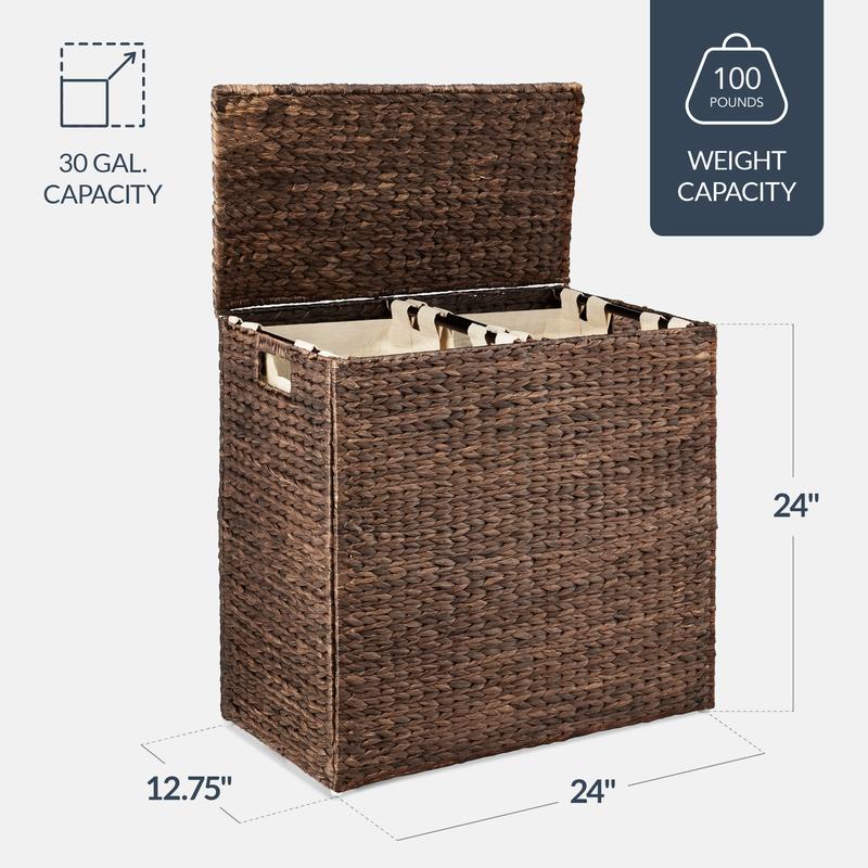 Best Choice Products Large Natural Water Hyacinth Double Laundry Hamper Basket w/ 2 Liner Bags, Handles