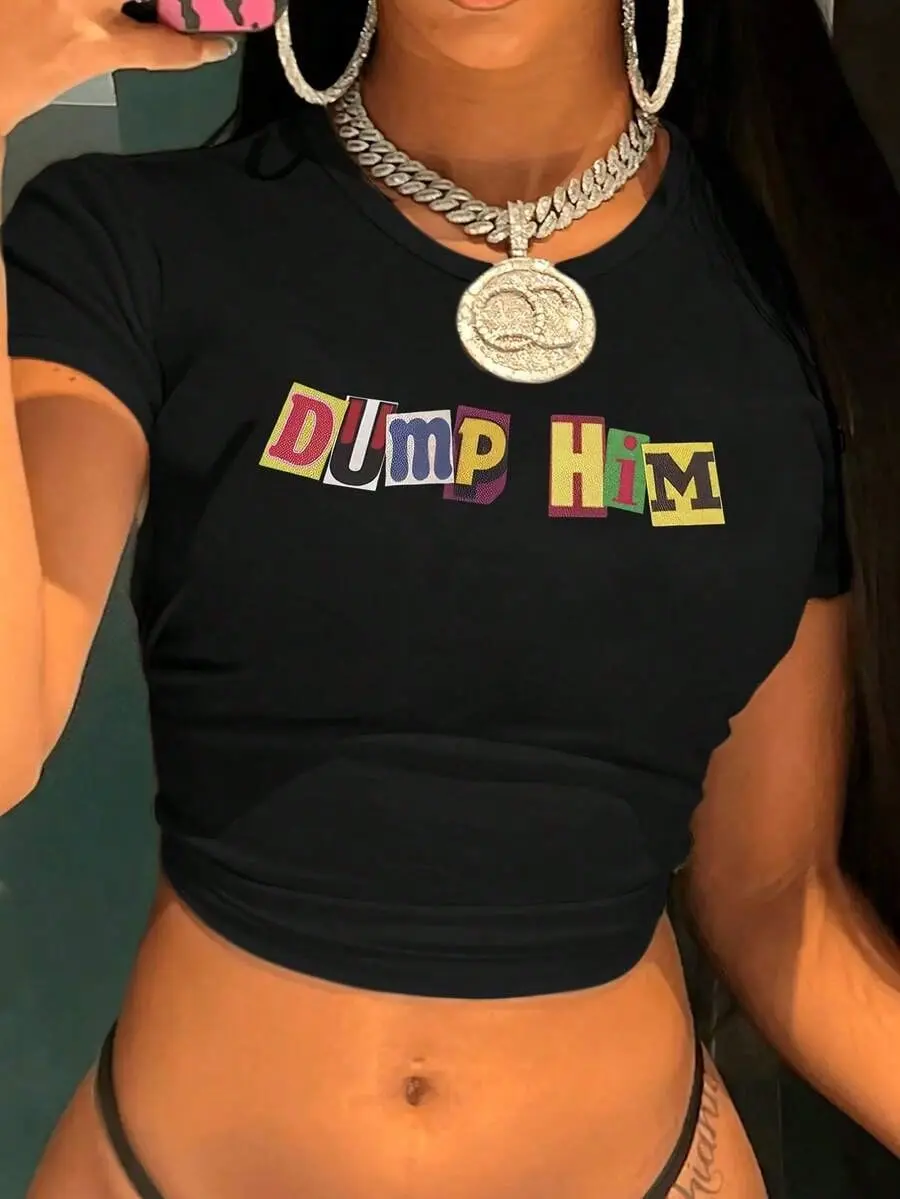 Y2K-Style Women's Cropped T-Shirt Top. Colorful Letters "DUMP HIM" Print Black Short Crop Top T-Shirt