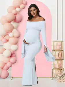 ELARA Maternity Long Sleeve Solid Color Off-Shoulder Dress For Baby Shower Photoshoot Party