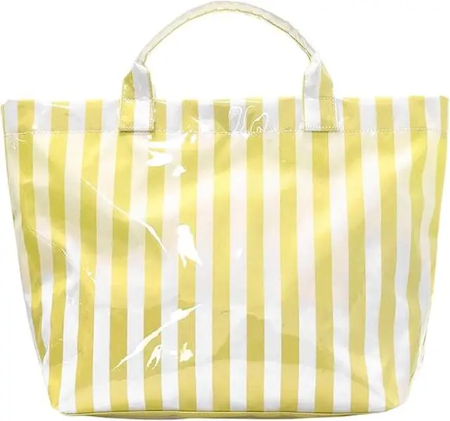 Bright Yellow White Vertical Striped Glossy PVC Tote Bag, Large Waterproof Shoulder Handbag, Cute Summer Beach Grocery Shopping Travel Carryall Bag, Trendy Casual Daily Work Handbag for Women Girls