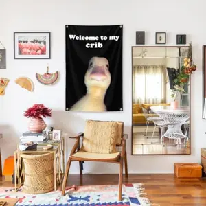2D Flat Banner Welcome to My Crib Flag, 2x3 Feet Hanging Tapestry Wall Mural Poster, Durable Men Cave Wall Flag with Brass Cord Rings, Bedroom Decor