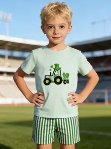 Kids St. Patrick's Day Short Set - Leprechaun Tractor Print Short Sleeve T-Shirt with Striped Shorts (Mint Green)