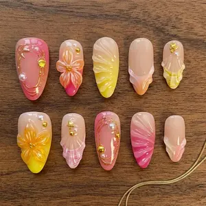3D Sunset Floral Press on Nails, Luxury Pink Yellow Shell Ocean Fake Nails