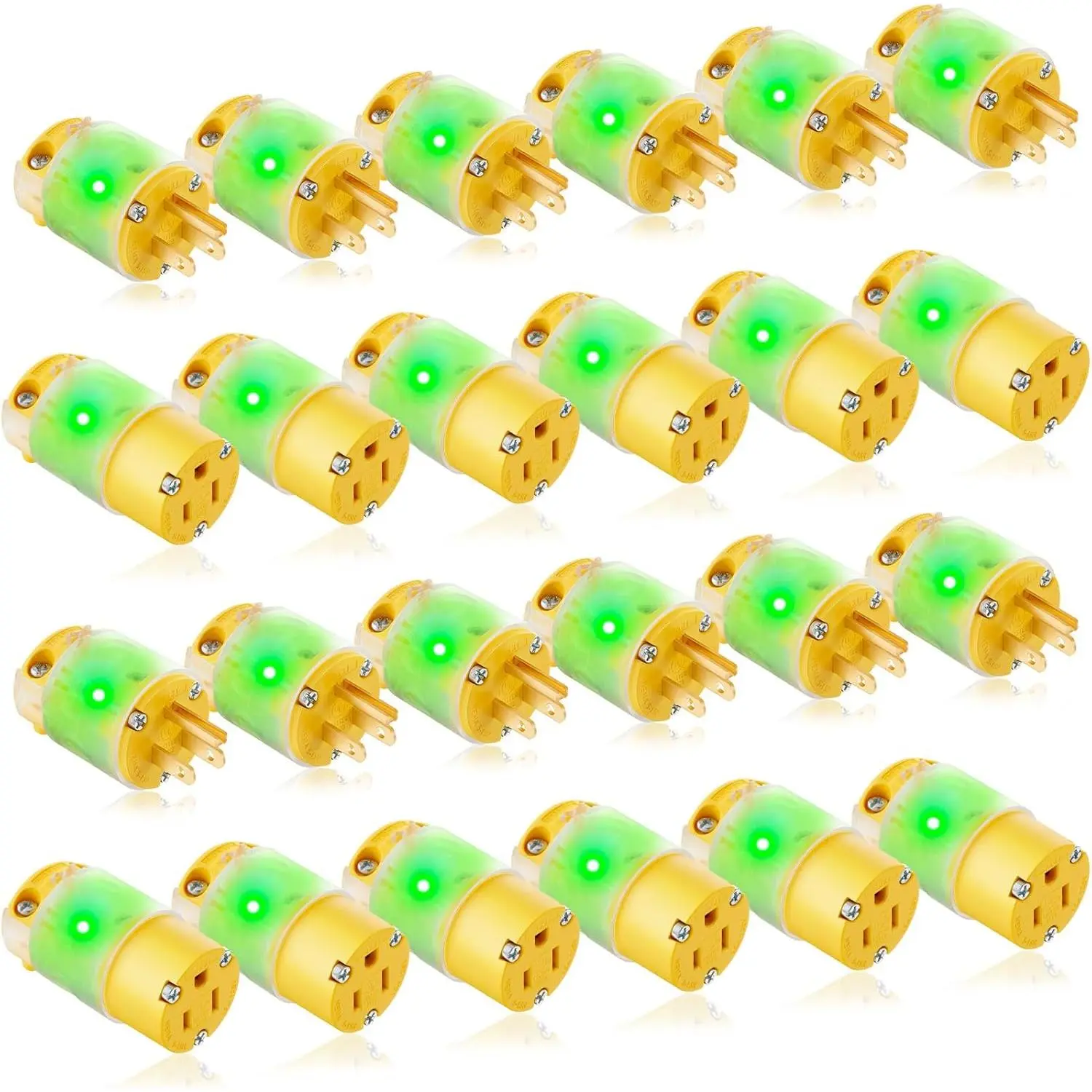 12 Set 24 count Lighted Plug and Connector Set Straight  Cord End Replacement 15A 125V Compatible with NEMA 5-15P and 5-15R 2 Pole 3 Wire Grounding Extension Cord Replacement Ends (Yellow)