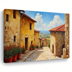 2D Flat Painting, 1 Piece European Country Style Canvas Oil Painting - Country Path with Cobblestone Street, Red Tile Roof and Floral Decoration - Living Room/Bedroom/Kitchen Wall Decoration - Farmhouse Home Gift (11.8x 15.7inch /30x40cm) - Framed Art Pri
