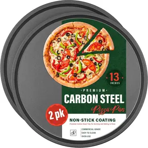 13 Inch Carbon Steel Pizza Pan, [Premium] Non-Stick Coating, Commercial Grade, Serving Tray, Heavy Duty Round Baking Tray for Oven Use (2 Pack)