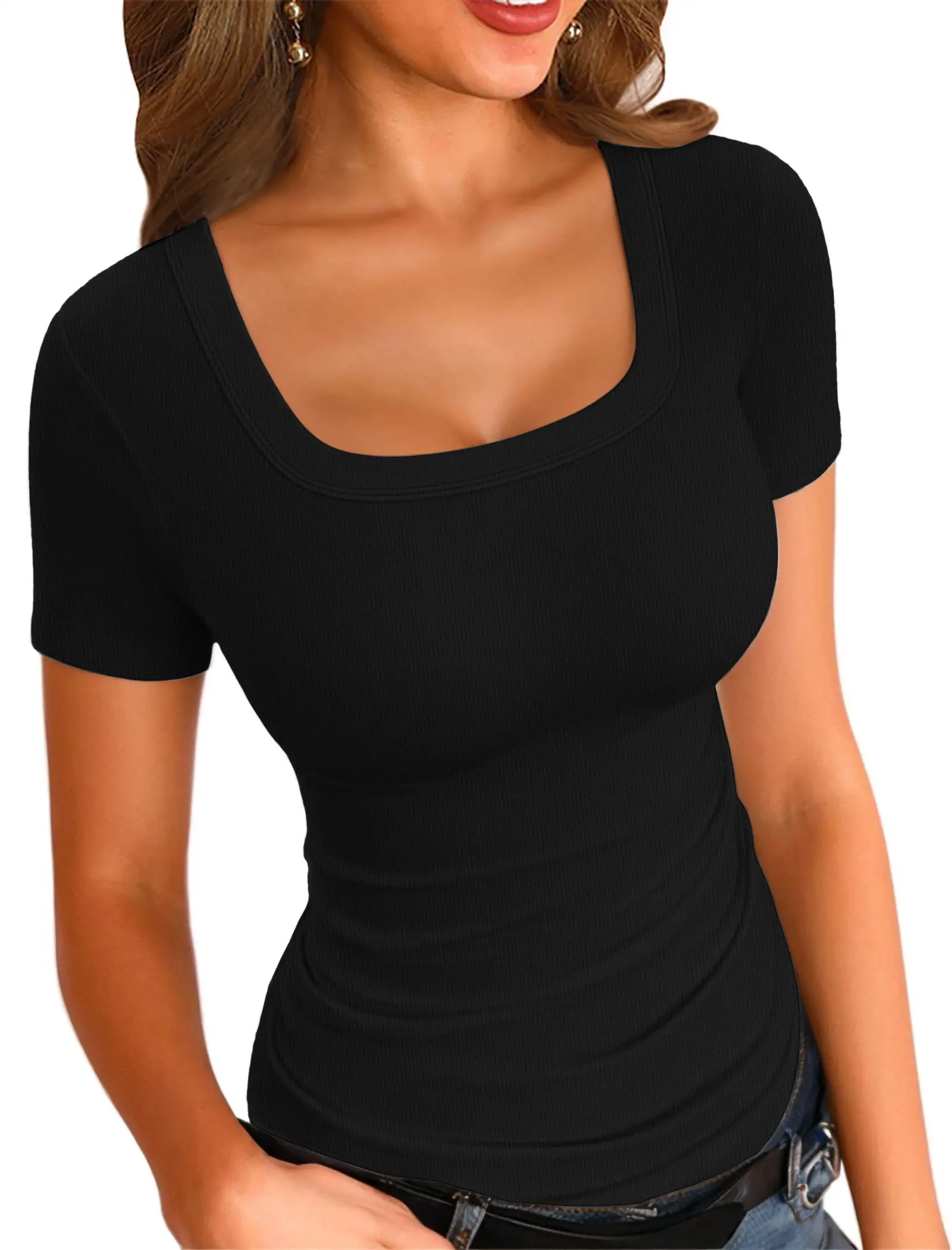 VAFFUL Women's Summer Ribbed Square Neck Short Sleeve Body-Fitting T-Shirt - Chic Aesthetic Elevated Basics, Casual OOTD Flattering Fit Top