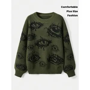 Plus Size, Oversized Dark Gothic Sweater - Devil's Eye Graphic Pullover with Contrast Eyelids, Stretchy Sweater for Men & Women, Cozy Fall/Winter Sweater in Olive Green/Black, Casual or Formal Outfits, Seasonal Clothing, Bold Pattern, Comfortable Fit, Sty