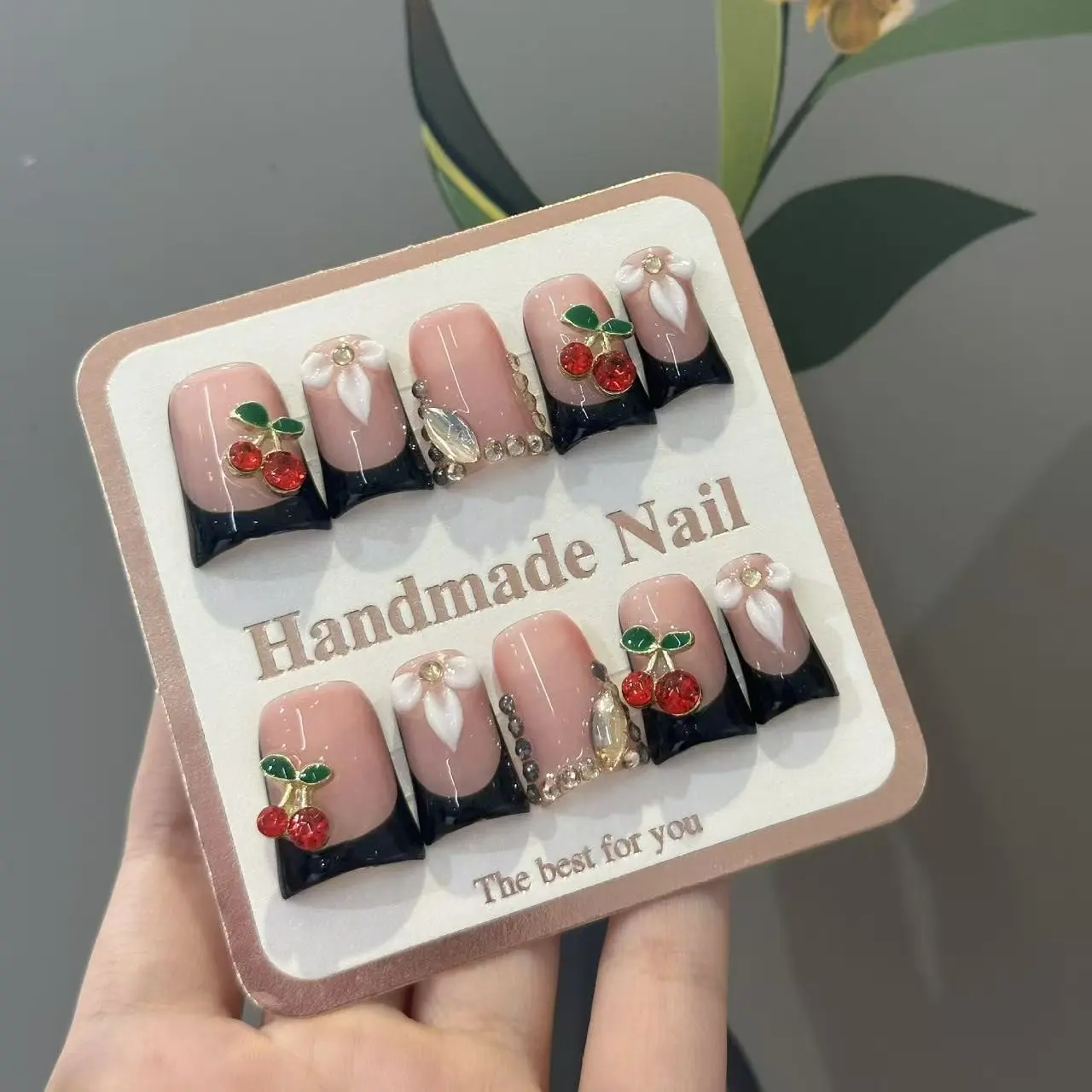 10pcs high-end Sweet and cool style, hand-painted three-dimensional cherries, flowers, and sparkling pile diamonds handmade fake nails, Decorative Nails, Nail patches suitable for spring outings, Flower Design Nails
