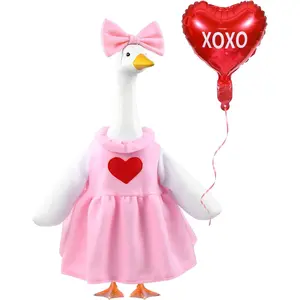 Valentine's Day Goose Outfit with Pink Dress Red Heart & Bow 23" Porch Goose Costume Includes Red XOXO Balloon for Party Garden Patio Yard Lawn Art Decoration