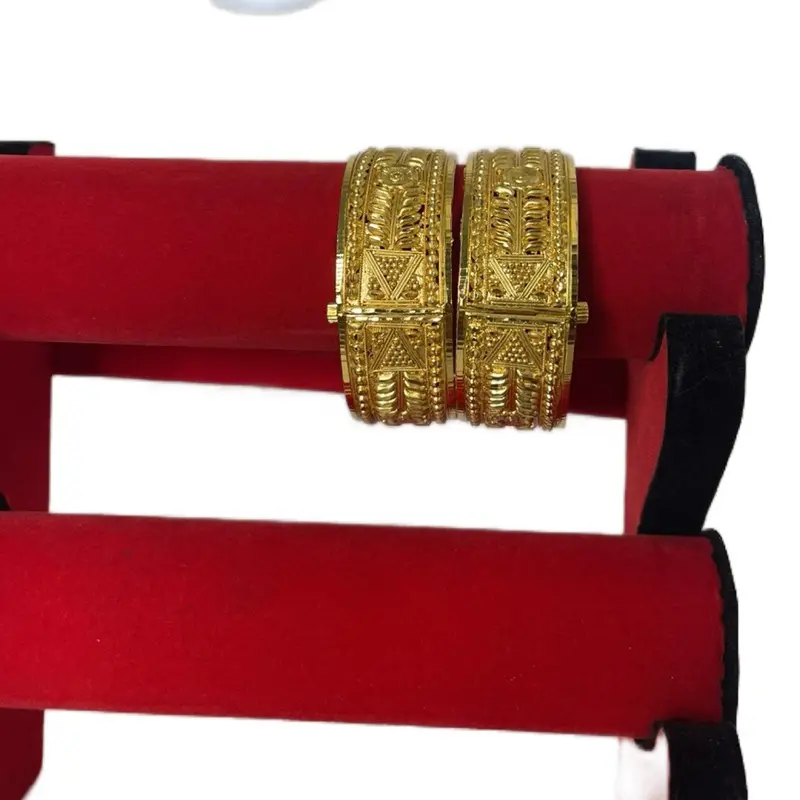 Elegant Set of 2 Adjustable Traditional Openable Bangles - Shiny Gold Charming Design Costume Jewelry Fashion Accessory Bracelet Set