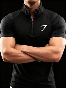Men's Stand Collar Half Zip Short Sleeve T-Shirt, Elastic Quick Dry Breathable Comfortable Silk-Like Fabric, Gym Workout Shirt, Gym Fitness Training Daily Wear