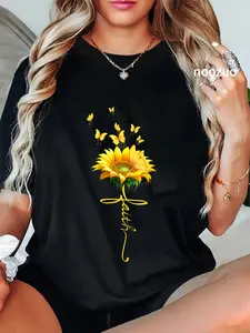 100% Cotton Unisex Faith Cross Sunflower Butterflies Flowers Christians T-Shirt Christ Christian Tops