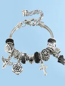 Gothic Cross Pendant Bracelet for Women, Angel Rose Heart Bead Bracelet, Dark Fashion Jewelry Gift, Daily Wear Accessory, Cross Charm Bangle, Stackable Bracelet