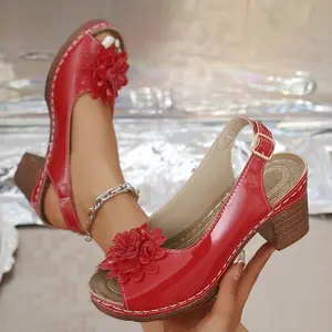 Women's Floral High Heel Sandals |   Open Toe Chunky Heel Shoes |   Fake Cover |   Adjustable Ankle Belt and Retaining Ring Closure Summer Dress & Casual Wear Shoes