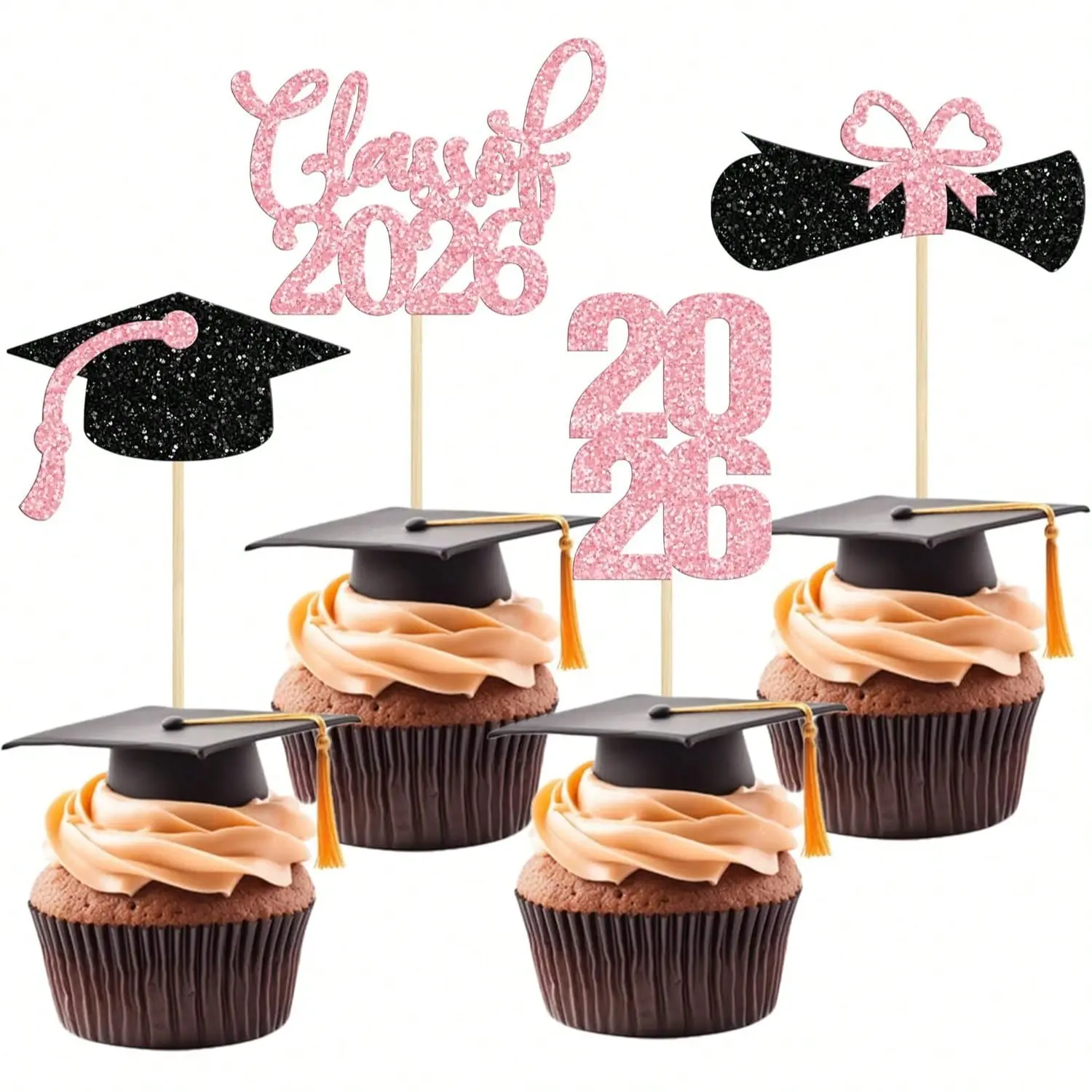 12pcs 2026 Graduation Theme Glitter Cupcake Decorations, Diploma Cap Toppers, Party Cake Decorations, Perfect for Graduation Celebrations, Cake Decorating Supplies