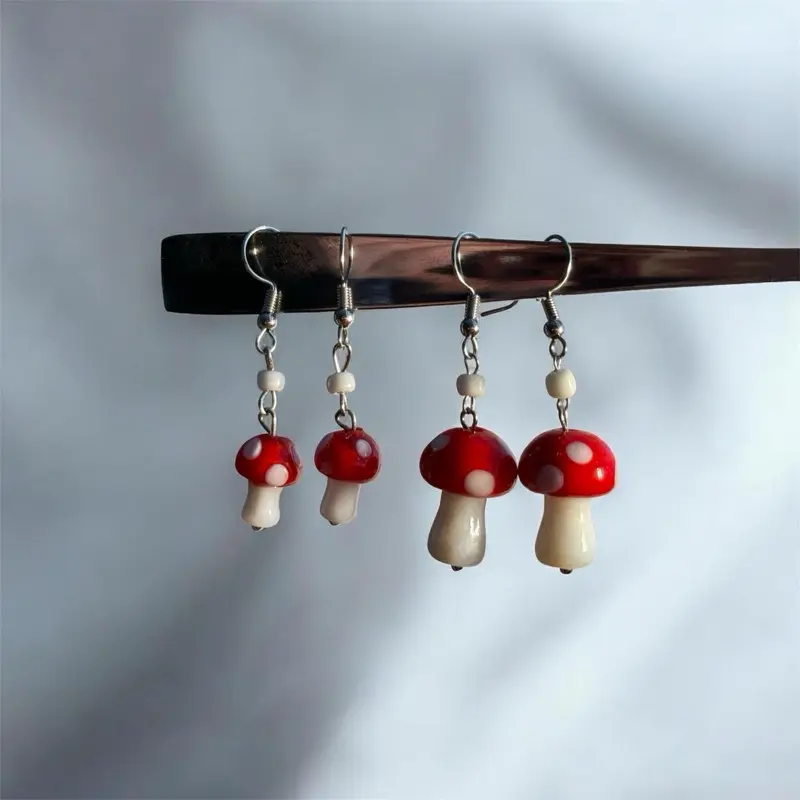 Handmade Glass Bead Earrings - Red Mushroom Charm with White Details Silver Tone Fishhook Ear Wires Lightweight Whimsical Cottagecore Jewelry