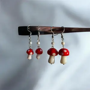 Handmade Glass Bead Earrings - Red Mushroom Charm with White Details Silver Tone Fishhook Ear Wires Lightweight Whimsical Cottagecore Jewelry